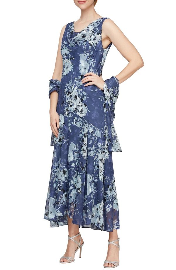 アレックスイブニングス レディース トップス ワンピース プリント マキシ Alex Evenings Print Cowl Neck Maxi Dress with Shawl Wedgewood