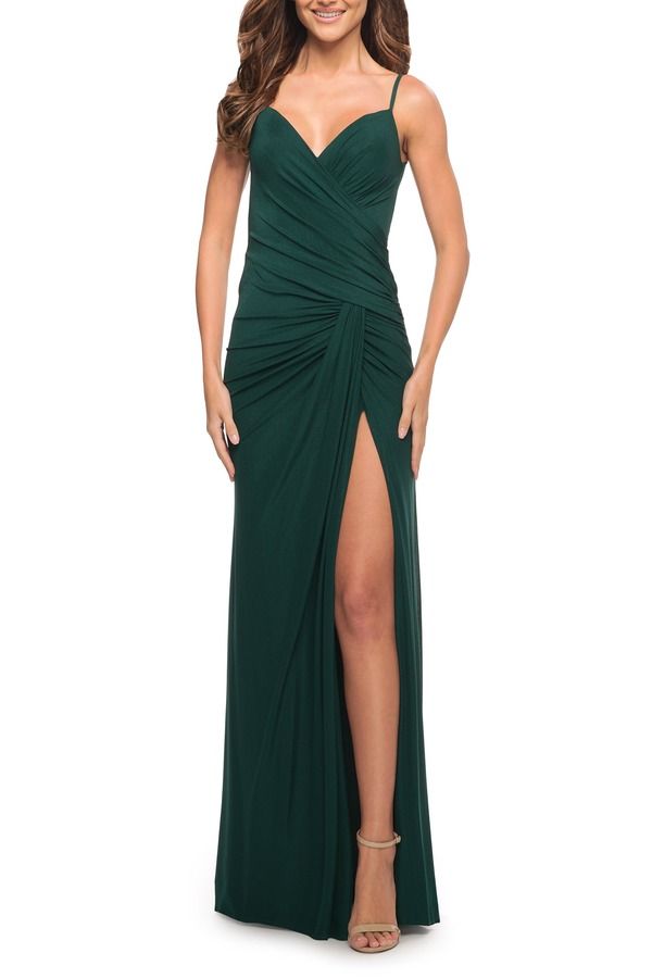 ラフェム レディース トップス ワンピース オープンバック ギャザー ジャージー La Femme Net Jersey Long Ruched Gown with Slit and Open Back Emerald エメラルド