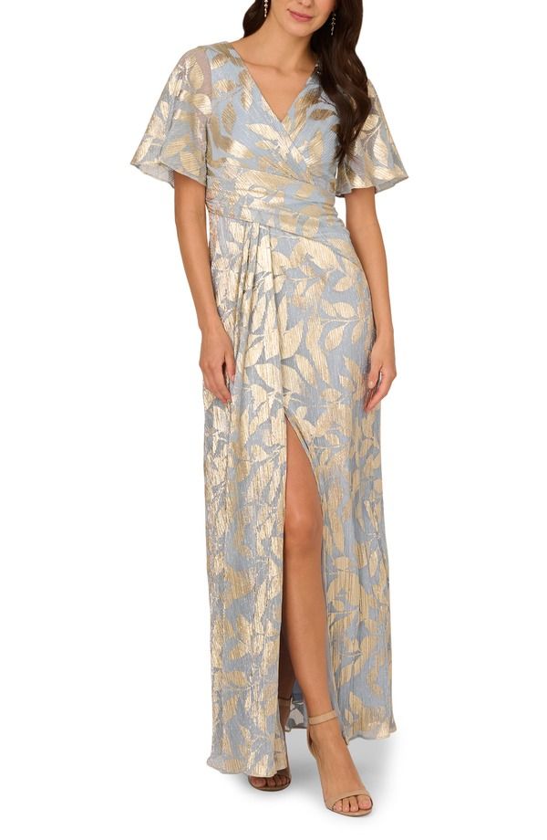アドリアナ パペル レディース トップス ワンピース ドレープ トール Adrianna Papell Metallic Leaf Jacquardraped Gown Light Blue Gold ブルー