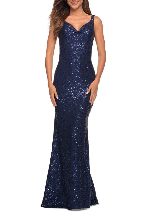 ラフェム レディース トップス ワンピースパンコール La Femme Long Stretch Sequin Gown with Low Back Navy ネイビー