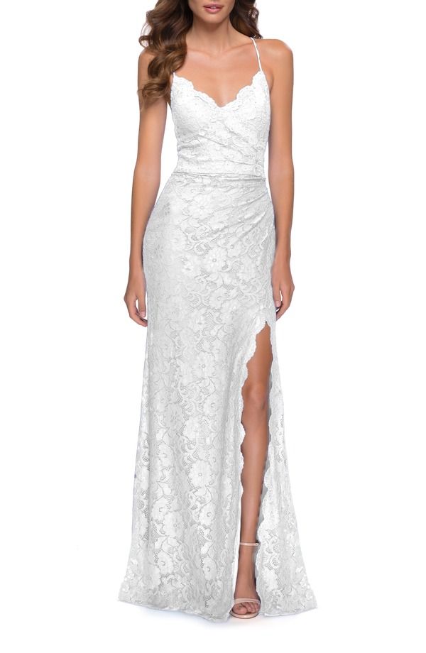 ラフェム レディース トップス ワンピースカート レース La Femme Lace Long Dress with Scallop Detail on Skirt Slit Ivory アイボリー