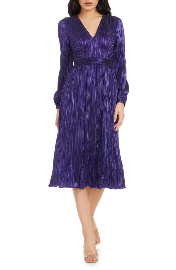 ドレスザポプレーション レディース トップス ワンピース トール Dress the Population Holly Long Sleeve Metallic Pliss Dress Deeplum プラム