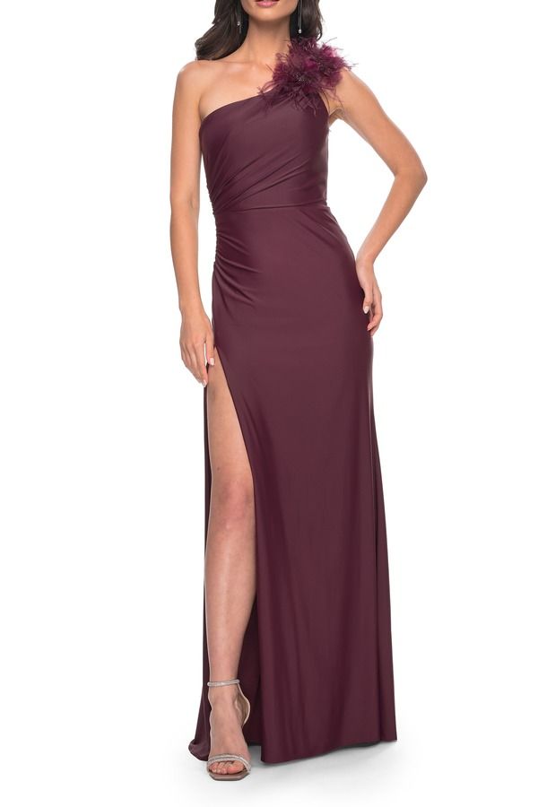ラフェム レディース トップス ワンピース ジャージー La Femme One Shoulder Jersey Gown with Feather Detail Dark Wine ワイン