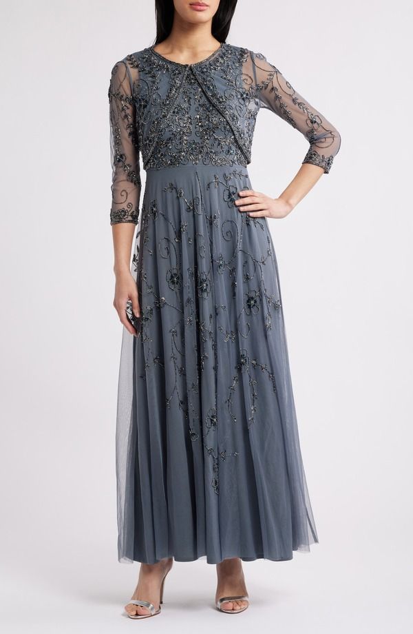 ピサッロナイツ レディース トップス ワンピース ジャケット Pisarro Nights Embellished Cocktail Dress with Open Front Jacket Smoke 021 スモーク
