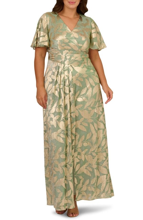 アドリアナ パペル レディース トップス ワンピース ドレープ トール Adrianna Papell Metallic Leaf Jacquardraped Gown Sage Gold セージ