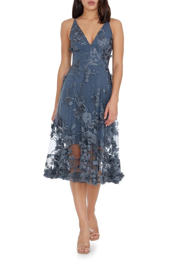 ドレスザポプレーション レディース トップス ワンピース 刺繍 Dress the Population Audrey Embroidered Fit Flare Dressteel