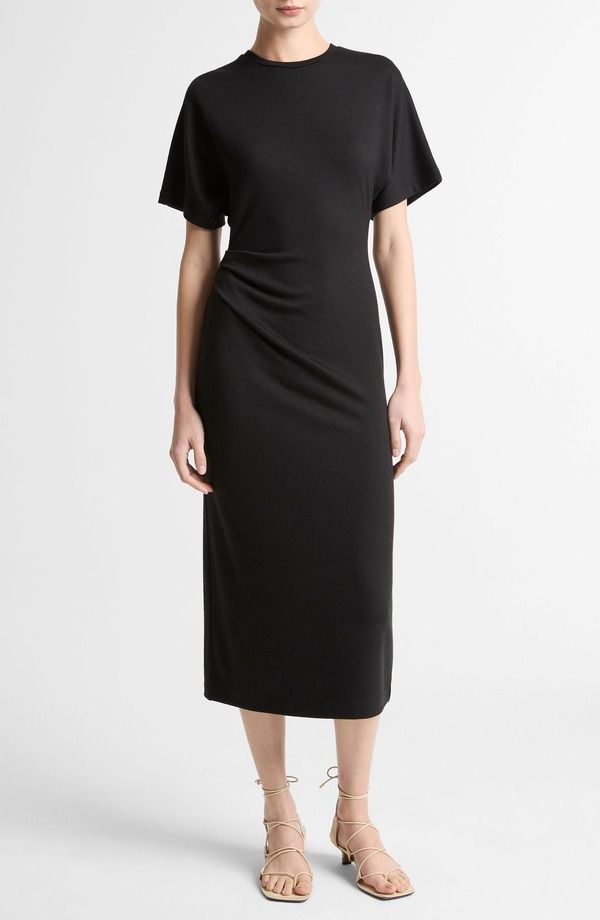 ヴィンス レディース トップス ワンピース ギャザー ミディ Vince Side Ruched Midi Dress Black ブラック