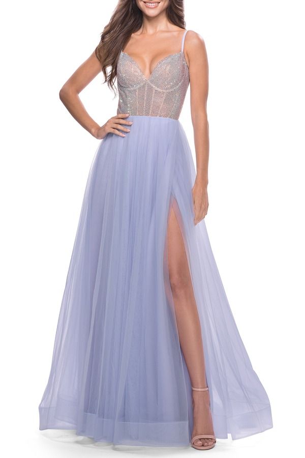 ラフェム レディース トップス ワンピース チュール A ライン シアー La Femme Sheerhinestone Bodice ALine Tulle Gown Light Periwinkle