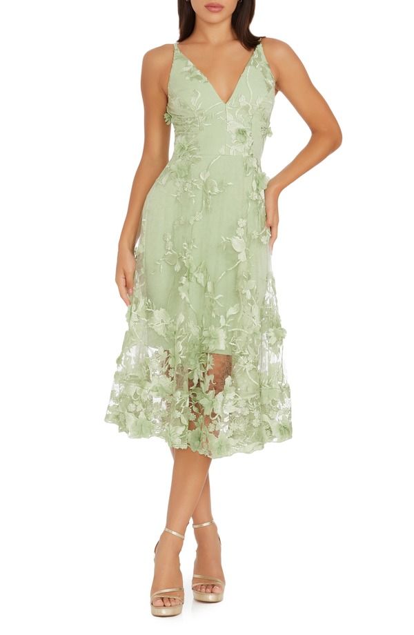 ドレスザポプレーション レディース トップス ワンピース 刺繍 Dress the Population Audrey Embroidered Fit Flare Dressage セージ