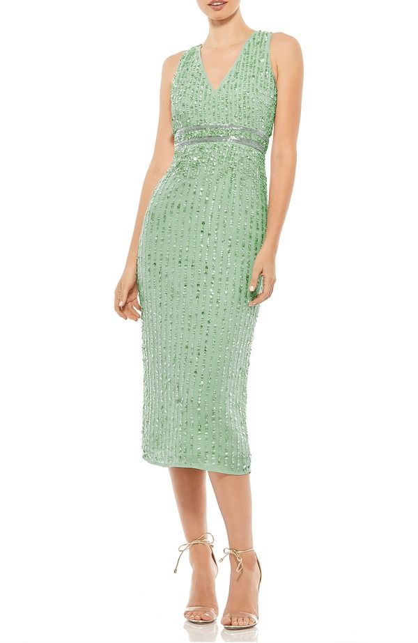 マックダガル レディース トップス ワンピース Vネック ミディ スパンコール ノースリーブ Mac Duggal Sequined Sleeveless VNeck Midi Sheath Dressage セージ
