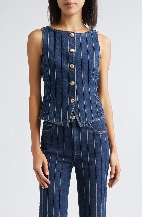 サンク セプト レディース ボトムス デニムパンツ ベスト Cinq Sept Camen Pintuck Detail Denim Vest Fontaine デニム