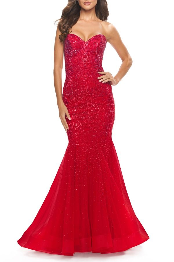 ラフェム レディース トップス ワンピース La Femme Rhinestone Mermaid Prom Dress with Sweetheart Neckline Red レッド