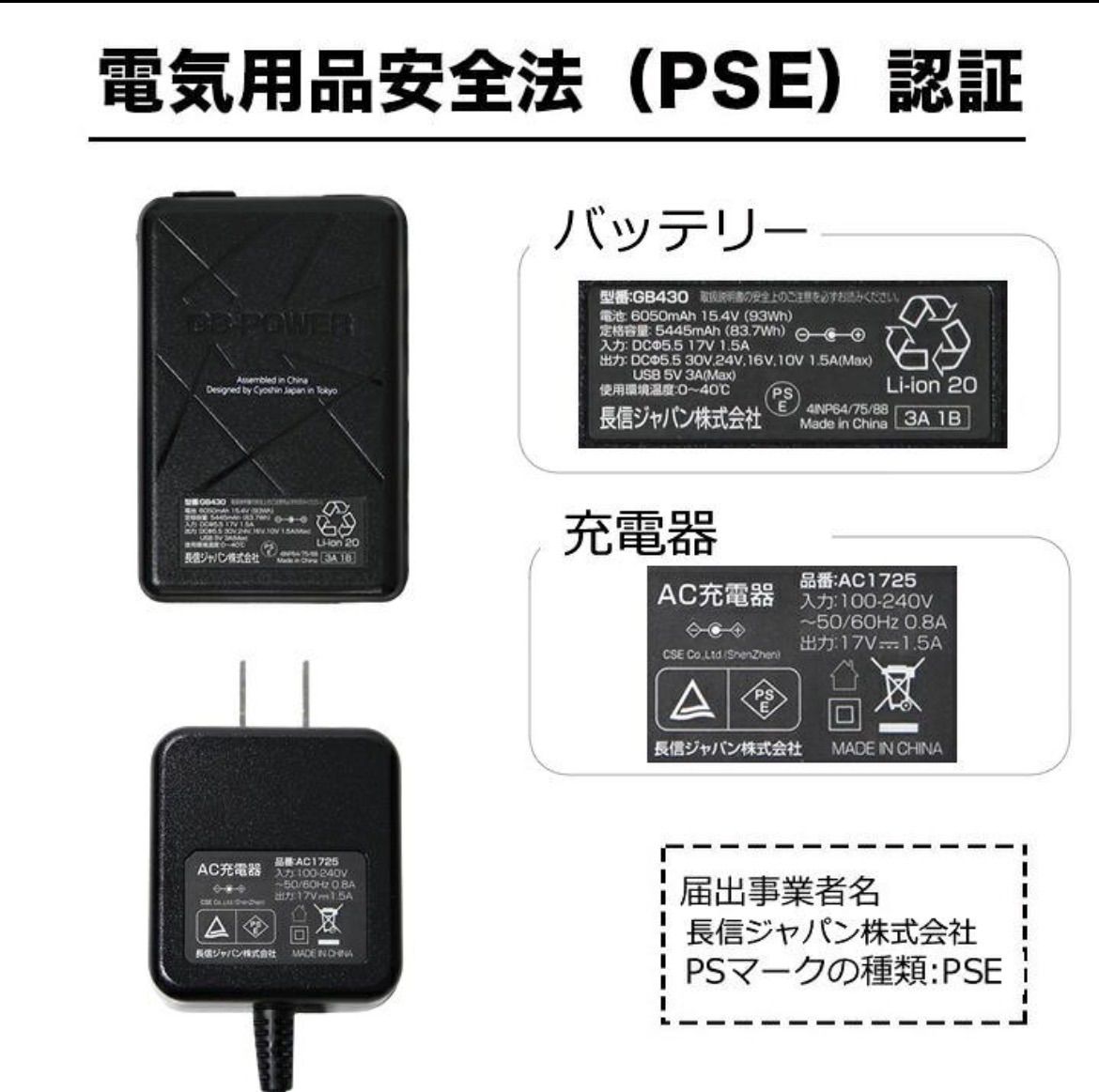 長信ジャパン 30V対応 空調ウェア用 GB-Powerファンバッテリーセット 
