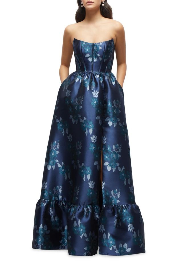 ドレッシーコレクション レディース トップス ワンピーストラップレス Dessy Collection Damask Strapless Gown Midnight Navy Damask ネイビー