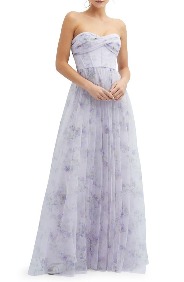 ドレッシーコレクション レディース トップス ワンピース チュール フラワー柄 プリント ストラップレス フラワー Dessy Collection Floral Print Strapless Tulle Lilac Haze Garden ライラック