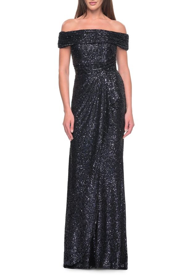 ラフェム レディース トップス ワンピースパンコール La Femme Off the Shoulder Sequin Gown with Ruching Navy ネイビー