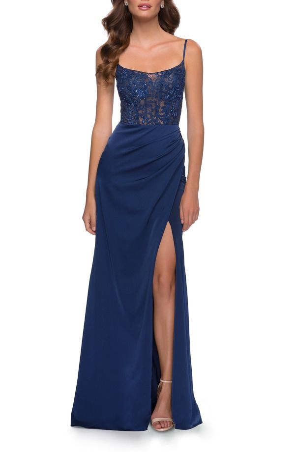 ラフェム レディース トップス ワンピース シアー サテン レース La Femme Satin Dress with Sheer Lace Bodice and Slit Navy ネイビー 57,090円