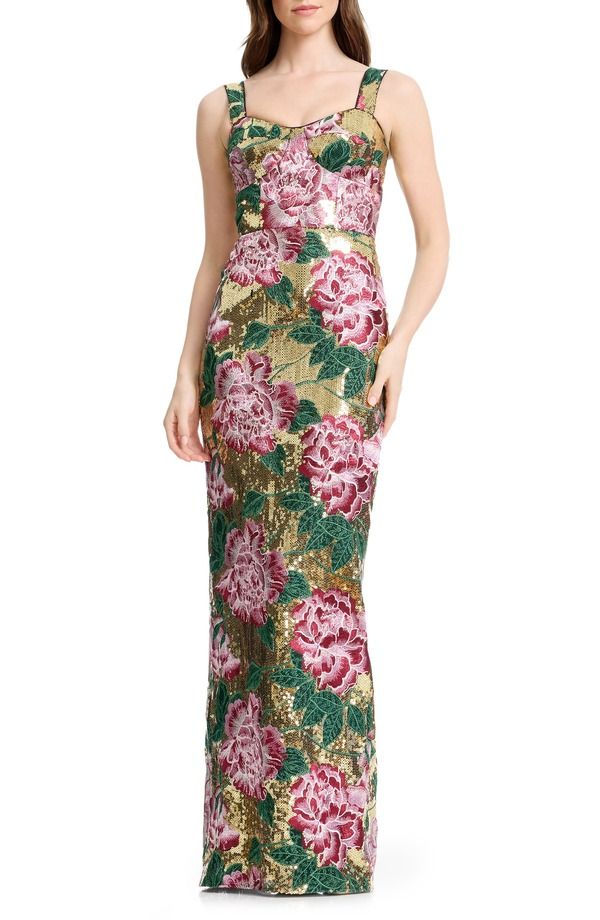 ドレスザポプレーション レディース トップス ワンピース フラワー柄 スパンコール 刺繍 フラワー Dress the Population Reesembroidered Floral Sequin Sheath Gown Gold Multi ゴールド 58,740円