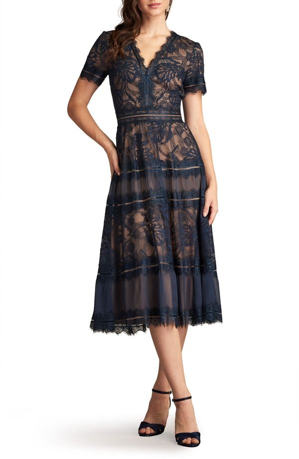 タダシショージ レディース トップス ワンピース メッシュ ミディ レース Tadashi Shoji Lace Mesh Midi Cocktail Dress Navy Nude ネイビー