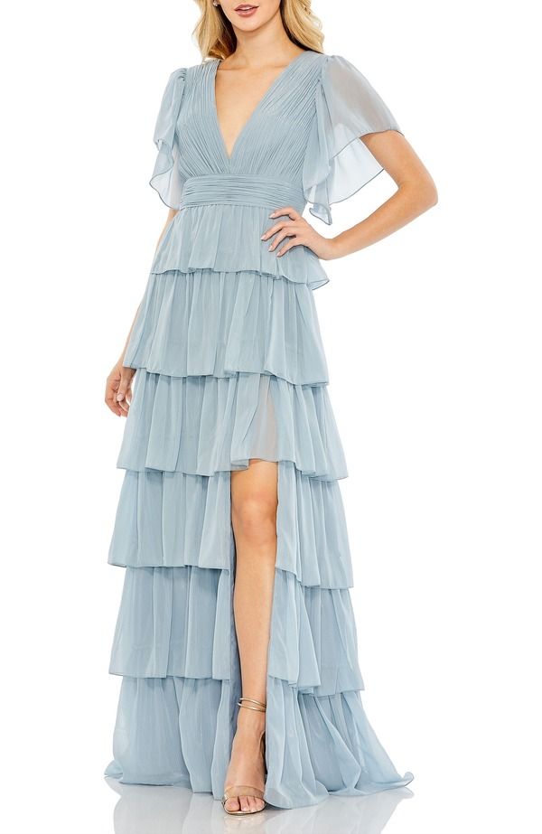 マックダガル レディース トップス ワンピース Vネック ティアード マキシ Mac Duggal Women s Tiered Flutter Sleeve VNeck Maxi Dresslate Blue スレート