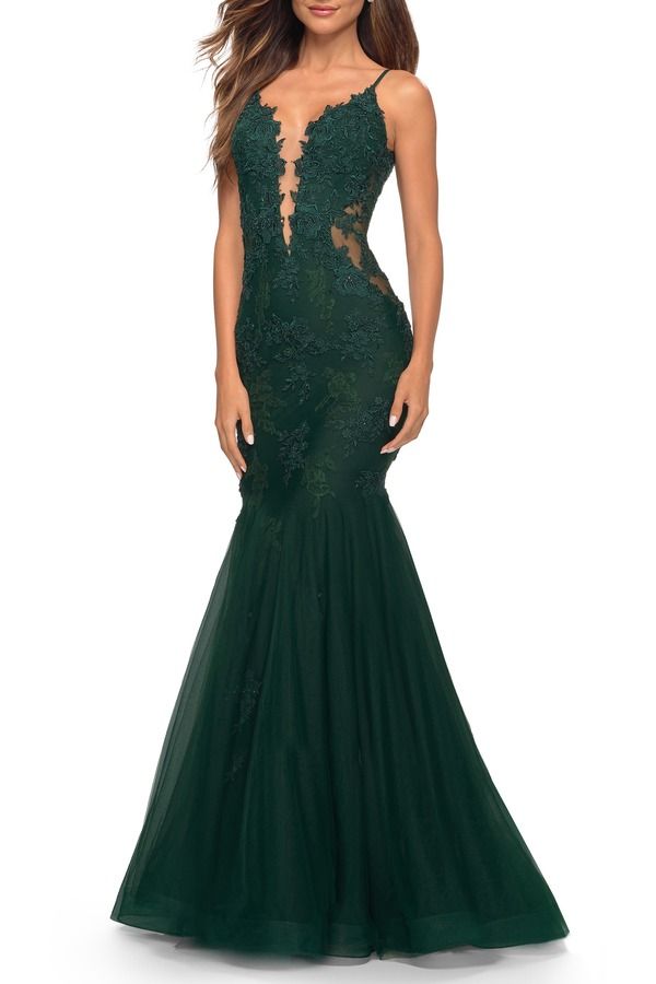 ラフェム レディース トップス ワンピース チュール レース La Femme Tulle and Lace Mermaid Gown in Jewel Tones Dark Emerald エメラルド