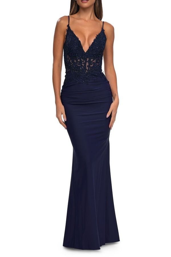 ラフェム レディース トップス ワンピース Vネック スカート レース ジャージー La Femme Illusion Lace V Neck Top with Jersey Skirt Dress Navy ネイビー