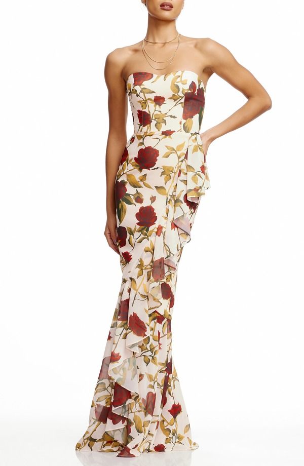 ドレスザポプレーション レディース トップス ワンピース フラワー柄 フリル ストラップレス フラワー Dress the Population Paris Floral Ruffle Strapless Gown Creamulti クリーム