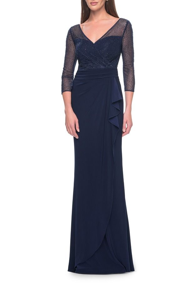 ラフェム レディース トップス ワンピース La Femmeveningown with Illusion Rhinestone Sleeves Navy ネイビー