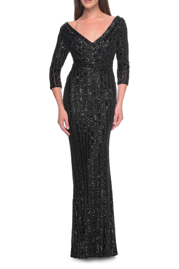ラフェム レディース トップス ワンピースパンコール La Femmevening Dress in Unique Sequin Fabric with Sleeves Black ブラック