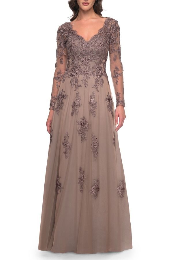 ラフェム レディース トップス ワンピース チュール レース La Femme Long Sleeve Lace and Tulle Dress with V Neckline Cocoa ココア