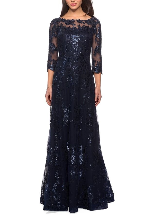 ラフェム レディース トップス ワンピース シアー スパンコール レース La Femme Long Lace Dress with Sequins and Sheer 34 Sleeves Navy ネイビー