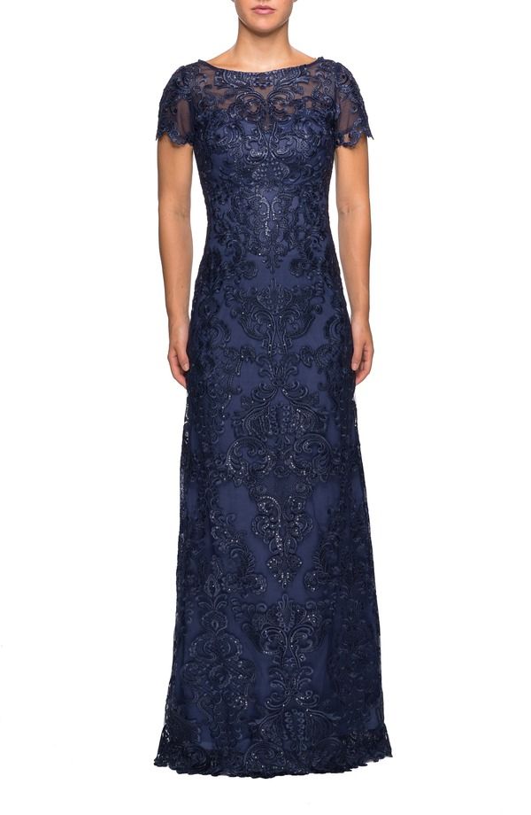 ラフェム レディース トップス ワンピース レース La Femme Long Lace Dress withy Rhinestones and Short Sleeves Navy ネイビー