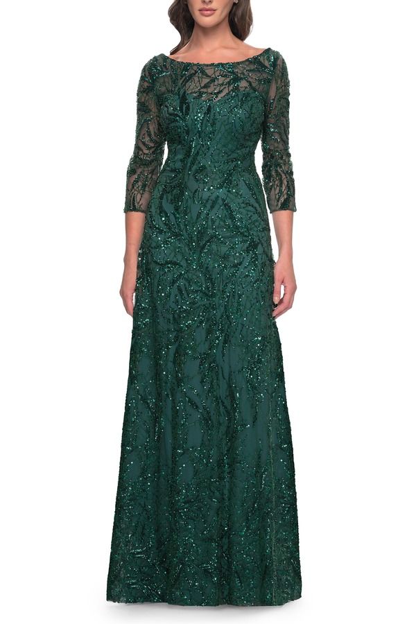 ラフェム レディース トップス ワンピース La Femme Beautiful Beaded Long Dress with Illusion Sleeves Emerald エメラルド 72,490円