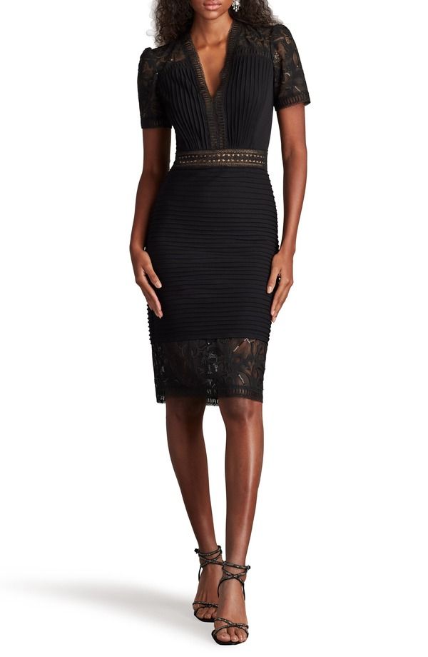 タダシショージ レディース トップス ワンピース レース Tadashi Shoji Pintuck Lace Inset Cocktail Dress Black ブラック