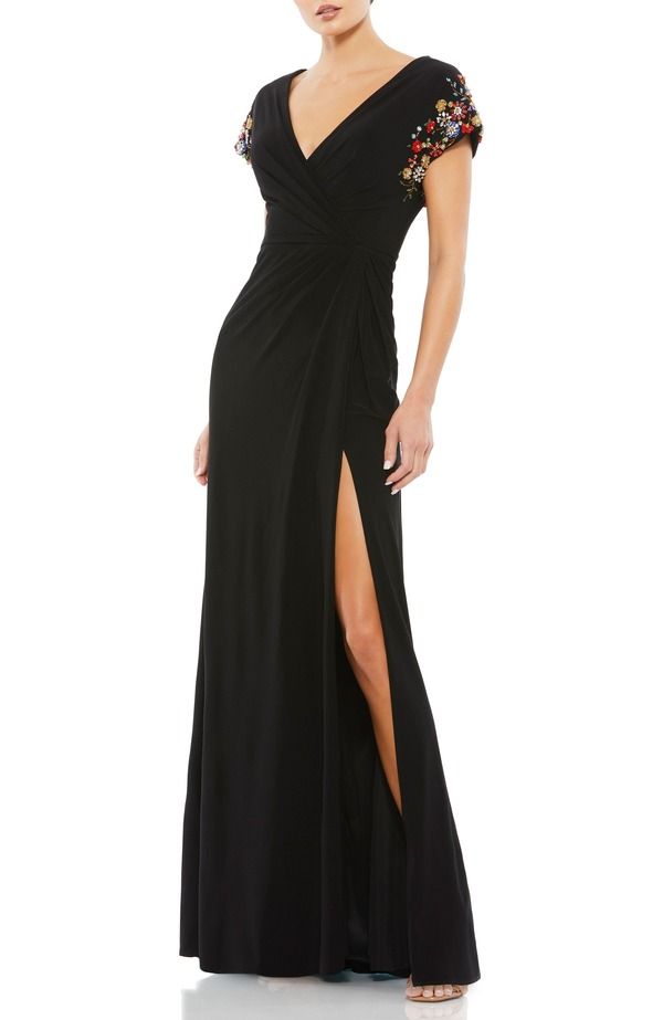 マックダガル レディース トップス ワンピース キャップ ジャージー Mac Duggal Embellished Cap Sleeve Jersey Wrap Gown Black Multi ブラック
