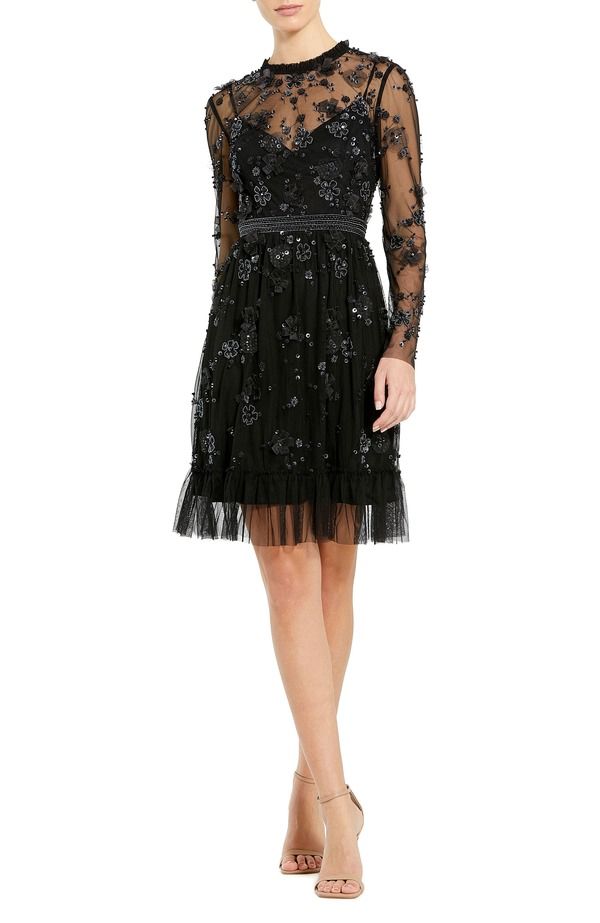 マックダガル レディース トップス ワンピース ミディ シアー Mac Duggal Sheer Long Sleevembellished Midi Dress Black ブラック