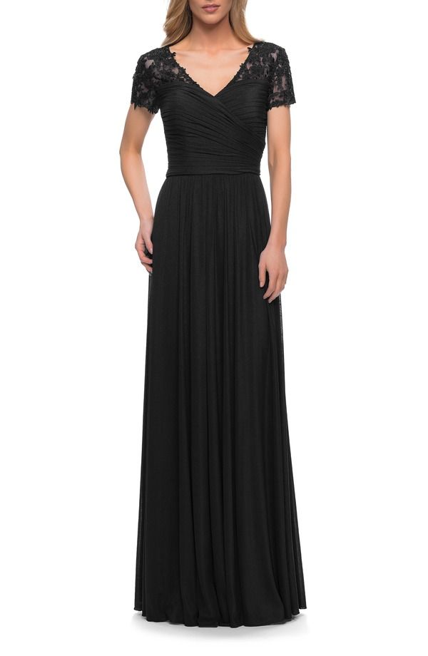 ラフェム レディース トップス ワンピース レース ジャージー La Femme Jersey Long Evening Dress with Short Lace Sleeves Black ブラック
