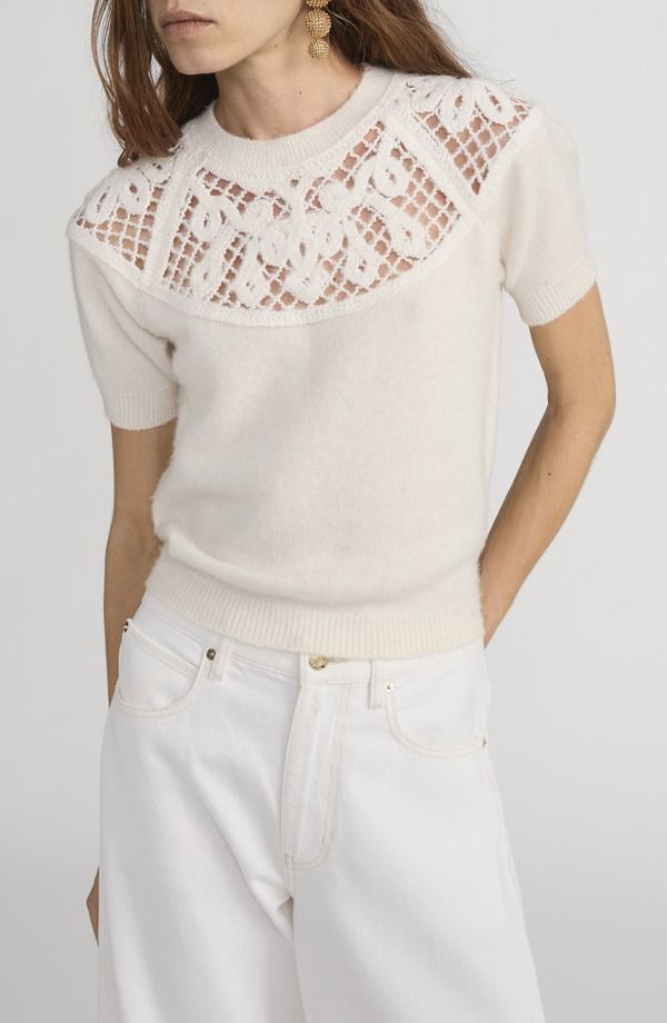 フレーム レディース アウター パーカー・スウェット セーター レース FRAME The Lace Gathered Cashmere Short Sleeve Sweater Cream クリーム