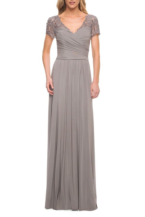 ラフェム レディース トップス ワンピース レース ジャージー La Femme Jersey Long Evening Dress with Short Lace Sleevesilver シルバー