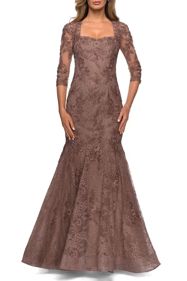 ラフェム レディース トップス ワンピース レース La Femme Long Lace Mermaid Gown with Square Neckline Cocoa ココア