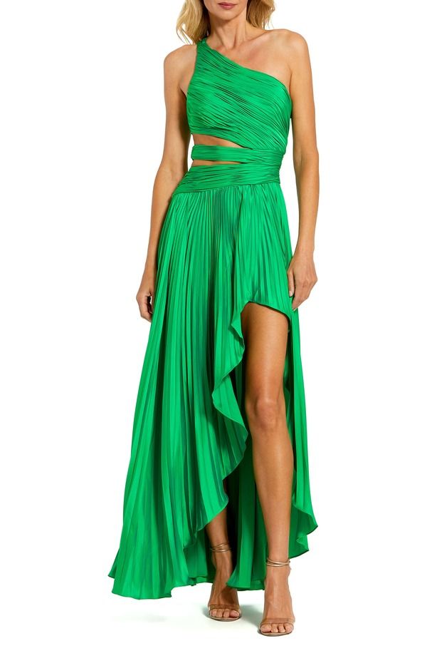 マックダガル レディース トップス ワンピース プリーツ Mac Duggal One Shoulder Pleated Charmeuse Gown with Slit Springreen グリーン