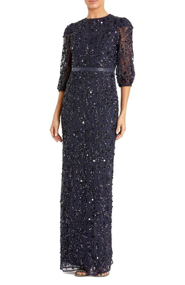 マックダガル レディース トップス ワンピースパンコール Mac Duggal Sequined Elbow Sleeve Gown Midnight