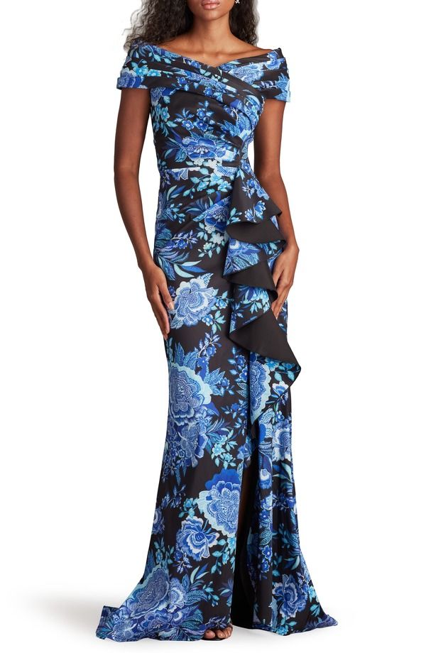 タダシショージ レディース トップス ワンピース フラワー柄 プリント フリル フラワー Tadashi Shoji Floral Print Ruffle Off the Shoulder Gown Black Blue Floral ブラック