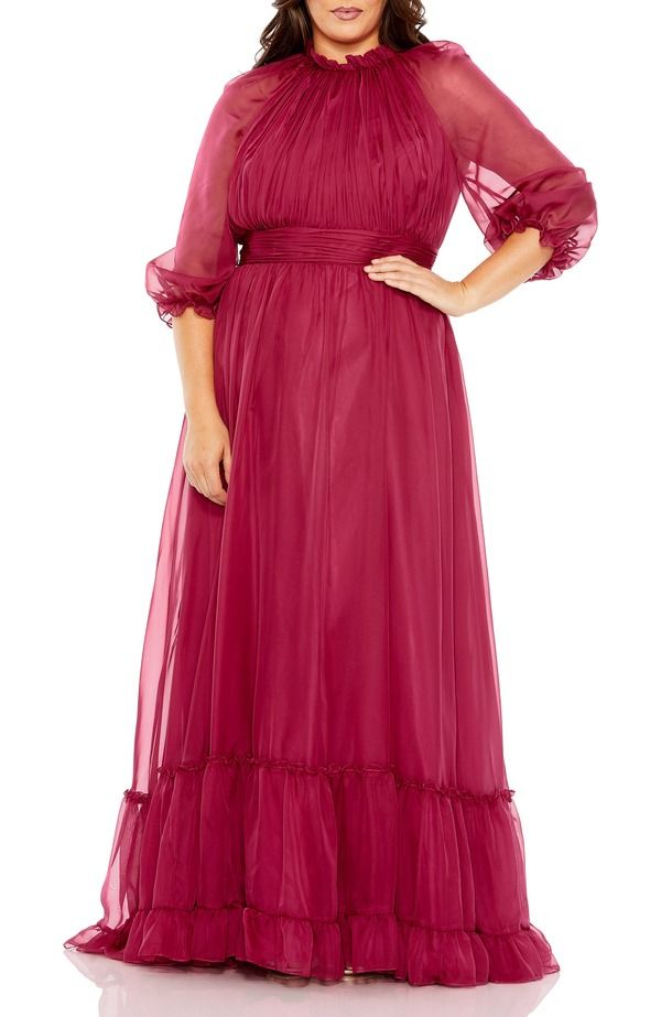 マックダガル レディース トップス ワンピース ハイネック プリーツ フリル シアー Mac Duggal Elegant Ruffled High Neck Gown with Sheer Sleeves and Pleated Cummerbund Cri