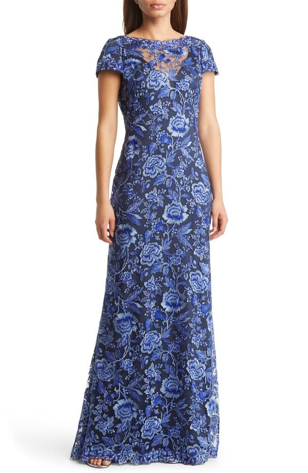 タダシショージ レディース トップス ワンピース 刺繍 レース Tadashi Shoji Embroidered Laceveningown Blue Violet Navy ネイビー