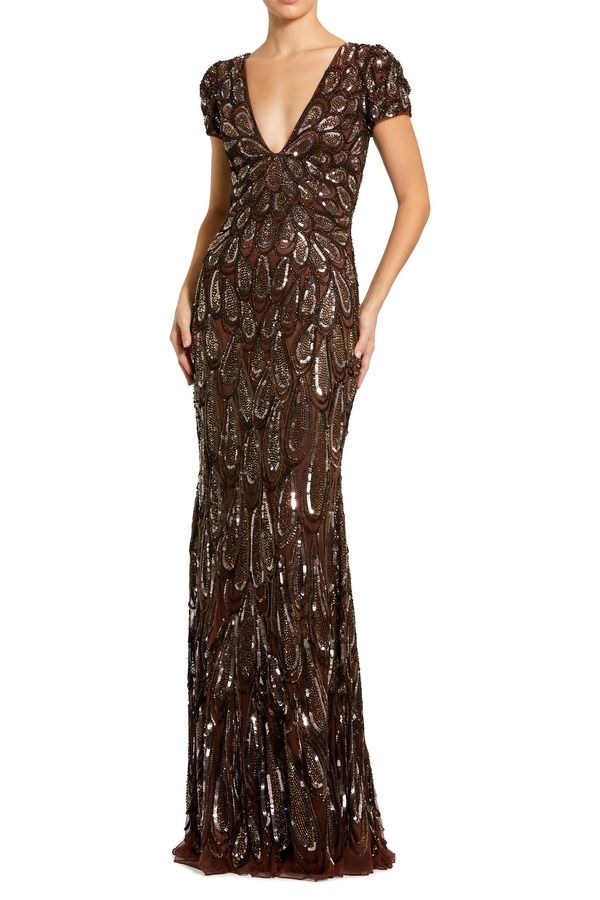 マックダガル レディース トップス ワンピース Vネック キャップ Mac Duggal Beaded Embellished V Neck Cap Sleeve Column Gown Chocolate チョコレート