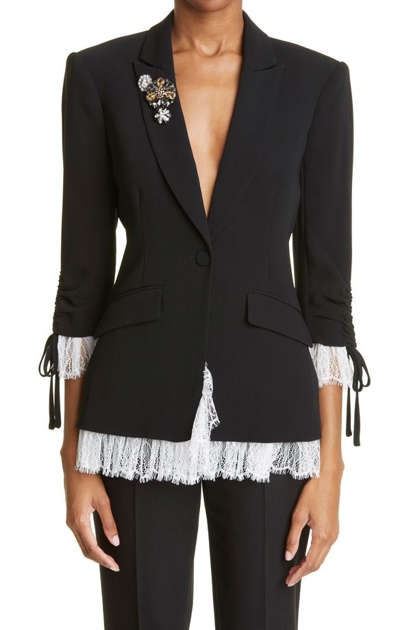 サンク セプト レディース アウター ジャケット・ブルゾン レーストリム ブレザー レース Cinq Sept Roxie Lace Trim Blazer Black Ivory アイボリー