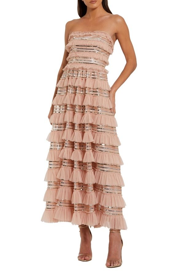 マックダガル レディース トップス ワンピース フリル スパンコール ストラップレス マキシ Mac Duggal Straplessequin Micro Ruffle Maxi Dress Porcelain