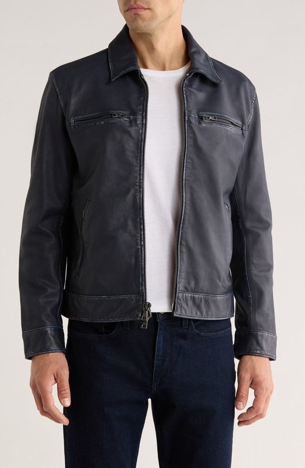ジョンバルベイトス メンズ アウター ジャケット・ブルゾン レザー John Varvatos Nicholas Burnished Sheepskin Leather Jacket Deep Blue ブルー