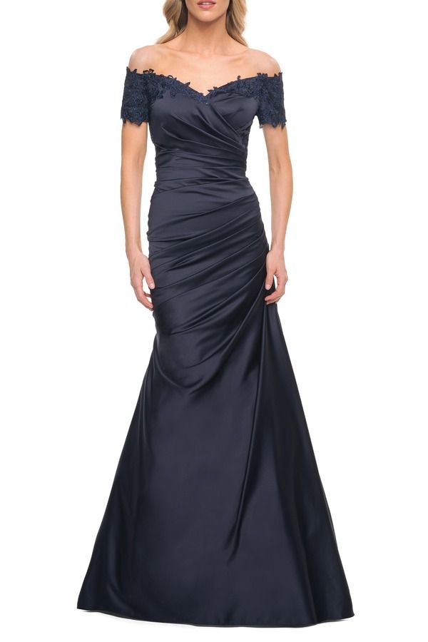ラフェム レディース トップス ワンピース プリーツ サテン レース La Femme Off the Shoulder Satin and Lace Mermaid Pleated Gownavy ネイビー